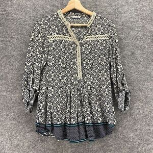 Grifflin Blouse Women S Small Gray Geometric V-Neck 3/4 Sleeve Rayon Casual